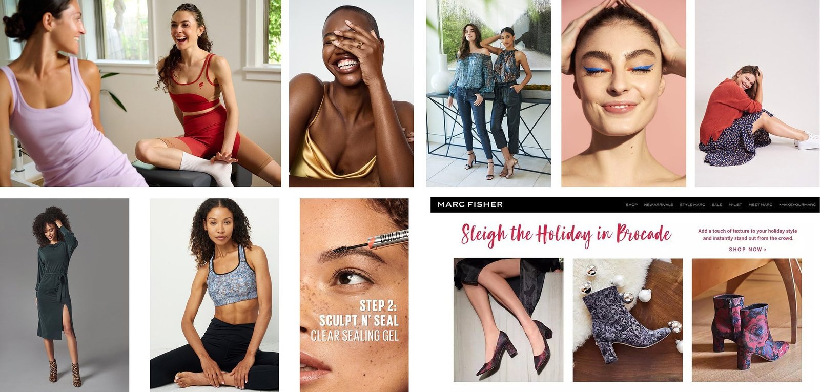 Brand photography collage featuring fashion, beauty and product lifestyle imagery