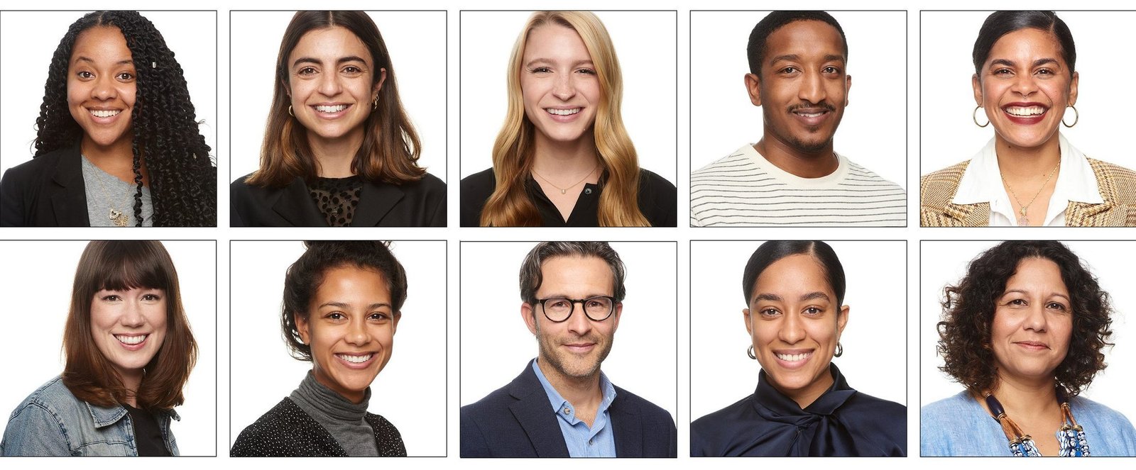 Ten corporate headshots of smiling professionals in business casual attire on a white background