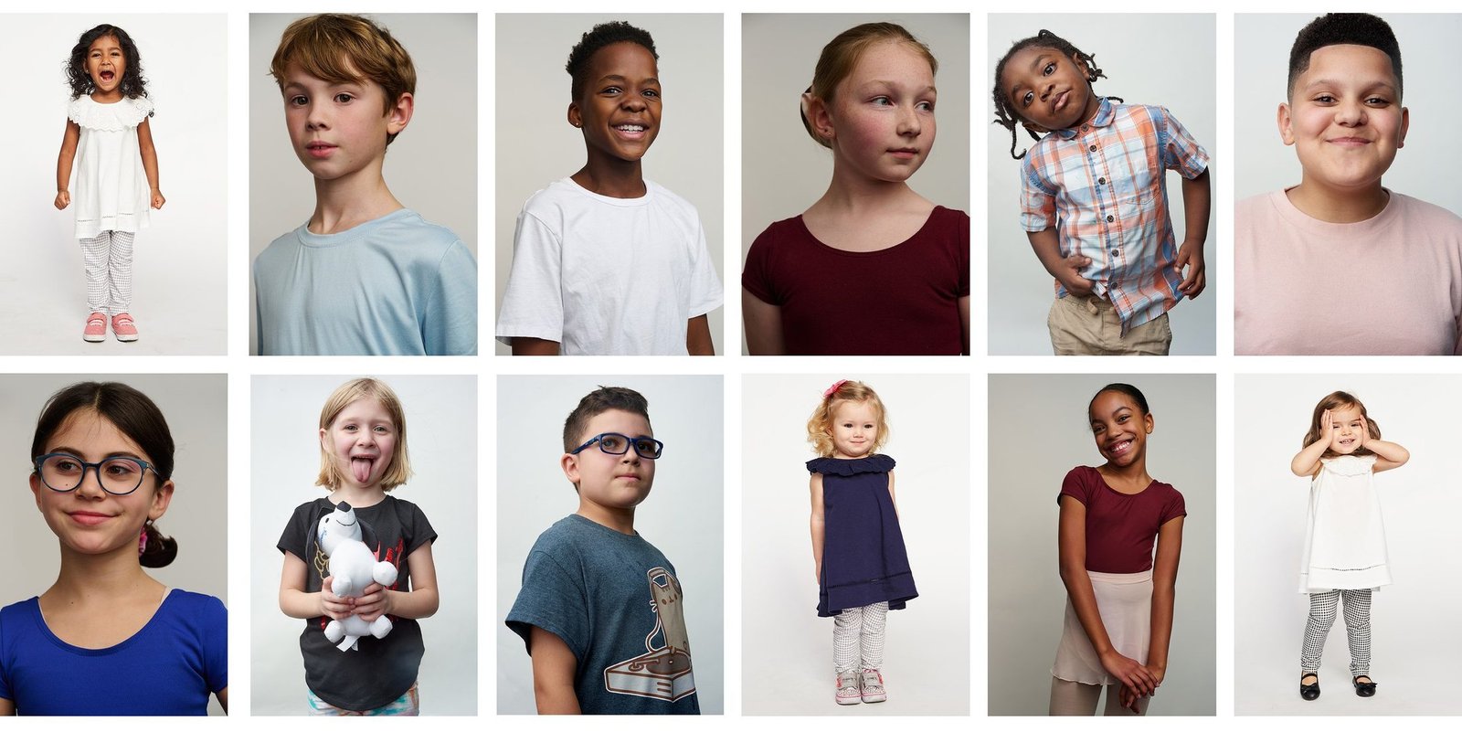 Collage of twelve children's portraits with natural, unposed expressions