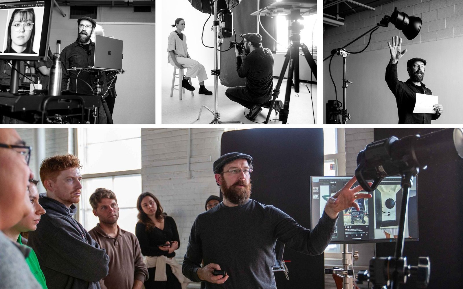 Four scenes from photography workshops showing lighting setups and tethered capture